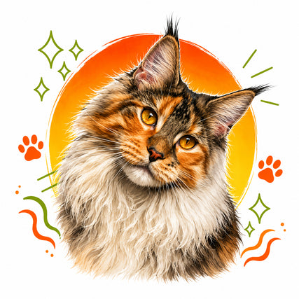 Cat FoodIllustration of a fluffy Maine Coon cat with golden eyes against a bright orange circle. Green and orange paw prints and sparkles accent the background.