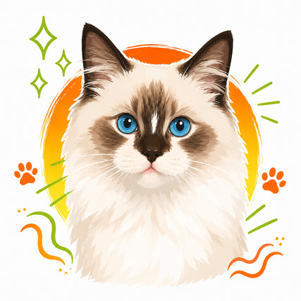 Cat SuppliesIllustration of a fluffy cat with striking blue eyes and brown markings, set against an orange circle. Decorative green sparkles and orange paw prints add a playful touch.