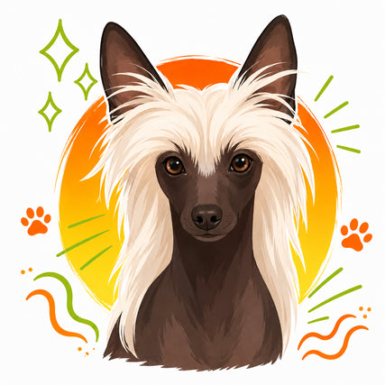 Dog ApparelIllustration of a Chinese Crested dog with a long, white mane and black skin. It's framed by an orange circle with green sparkles and orange paw prints.