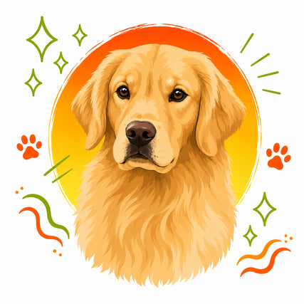 Dog FoodIllustration of a golden retriever with a calm expression against an orange-yellow background. Surrounded by green stars, lines, and orange paw prints.