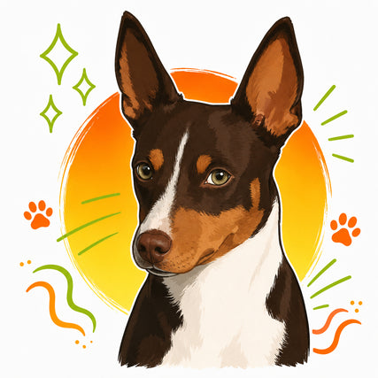 Dog SuppliesIllustration of a brown and white dog with large ears set against an orange circle. Green sparkles and orange paw prints add a playful feel.