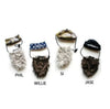 Four Duck Dynasty dog beard costumes labeled 'Phil', 'Willie', 'Si', and 'Jase'