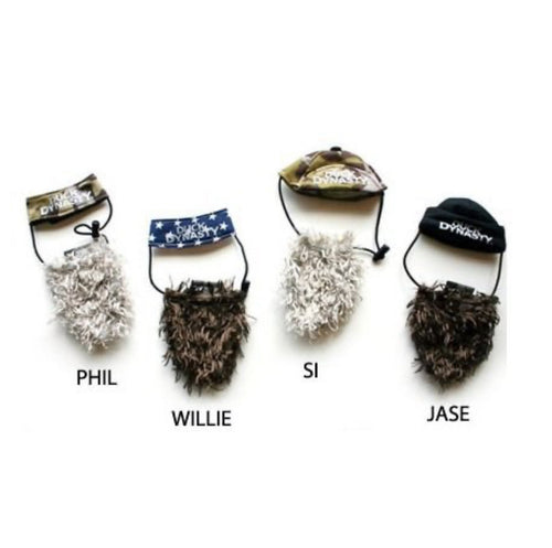 Four Duck Dynasty dog beard costumes labeled 'Phil', 'Willie', 'Si', and 'Jase'