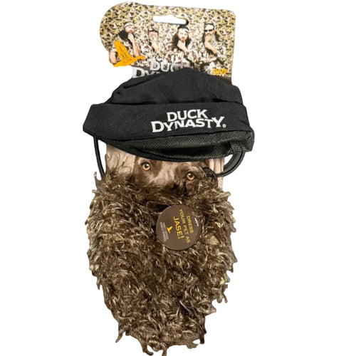 Collection of duck hunting gear including a decoy and blind on a dark surface. Duck Dynasty beard costume for dogs.