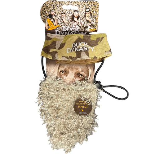Collection of duck hunting gear including a decoy and blind on a dark surface. Duck Dynasty beard costume for dogs.