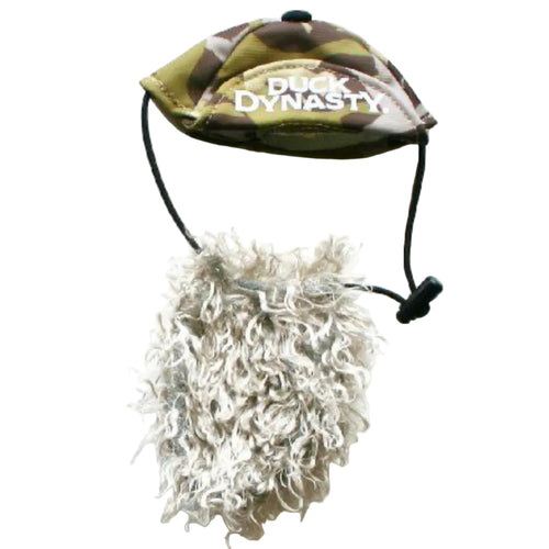 Collection of duck hunting gear including a decoy and blind on a dark surface. Duck Dynasty beard costume for dogs.
