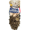 Collection of duck hunting gear including a decoy and blind on a dark surface. Duck Dynasty beard costume for dogs.