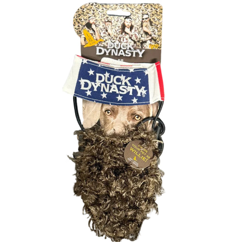 Collection of duck hunting gear including a decoy and blind on a dark surface. Duck Dynasty beard costume for dogs.